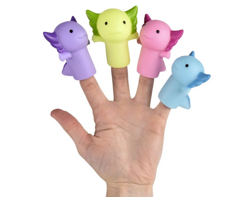 Axolotl Finger Puppet in assorted vibrant colors worn on four fingers for playful storytelling and role playing fun.