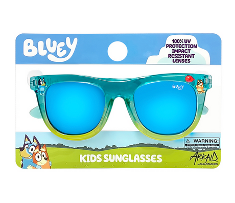 Arkaid Bluey Sunglasses with bold blue frames, kids sunglasses featuring 100% UV protection and impact resistant lenses.