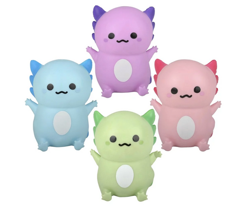 Four colorful 4" Squish & Stretch Axolotl fidget toys perfect for stress relief, each sold separately.