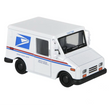Mini Postal Carrier Truck diecast pull back toy in white with USPS logo and red blue stripe detailing.