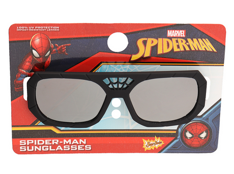 Arkaid Spiderman Sunglasses with black frame and web design, offering 100% UV protection for superhero fans.