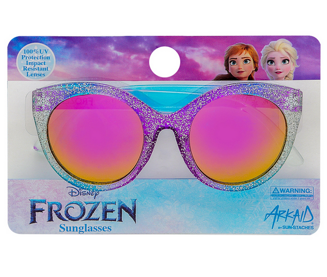 Arkaid Frozen Sunglasses with glitter purple frames and colorful reflective lenses featuring Disney Frozen characters.