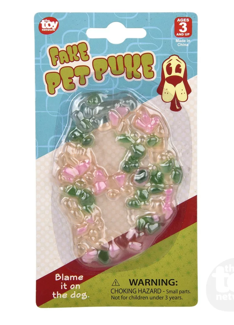 Fake Pet Puke prank toy designed to look like dog vomit for practical jokes and funny surprises.