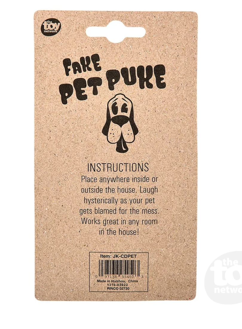 Fake Pet Puke packaging with prank instructions for blaming the dog and grossing out guests inside or outside the house.