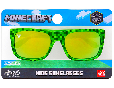 Arkaid Minecraft Sunglasses with green pixelated frame and yellow lenses inspired by the game for kids.