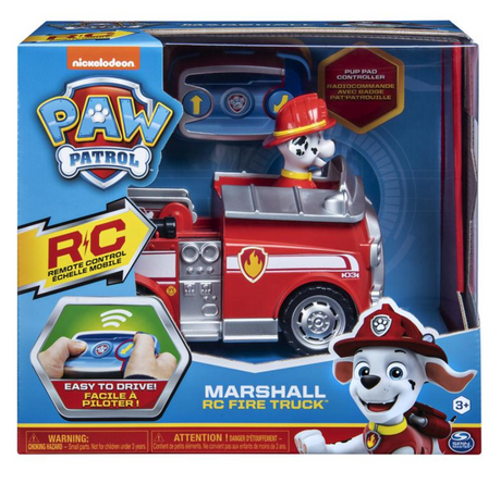 RC Paw Patrol Marshall Fire Truck with remote control, detailed ladder, and Marshall figure in driver’s seat.