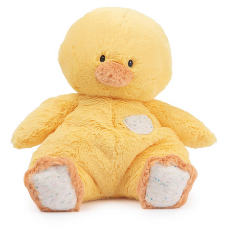 Oh So Snuggly Duck plush toy with soft yellow fur, embroidered face, and quilted security blanket accents.