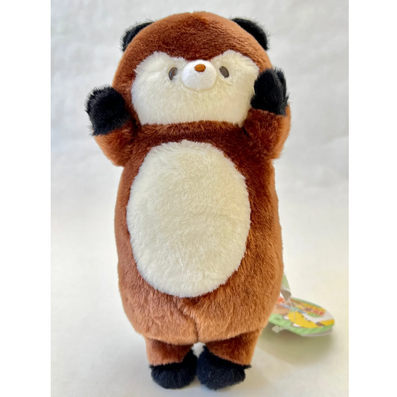 Long Raccoon plush toy in brown and cream with black paws, standing and ready for hugging and playtime.