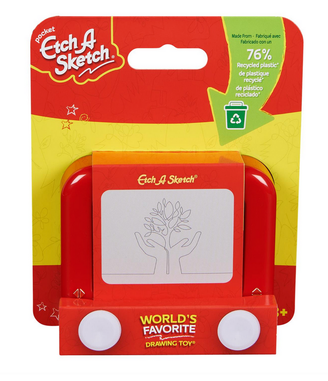 Pocket Etch A Sketch in eco-friendly packaging made with 76% recycled plastic, perfect for creative doodling anytime.