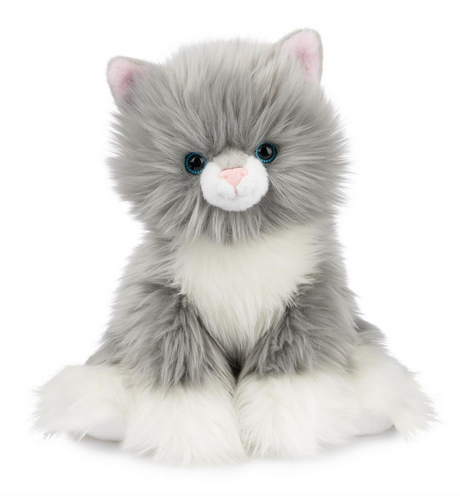 Kitten Camilla plush toy with fluffy gray and white fur, bright blue eyes, and a pink nose, perfect for cuddling.