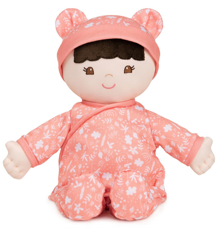 Recycled Baby Doll | Hibiscus wearing floral-patterned pink onesie with hat and embroidered facial features.
