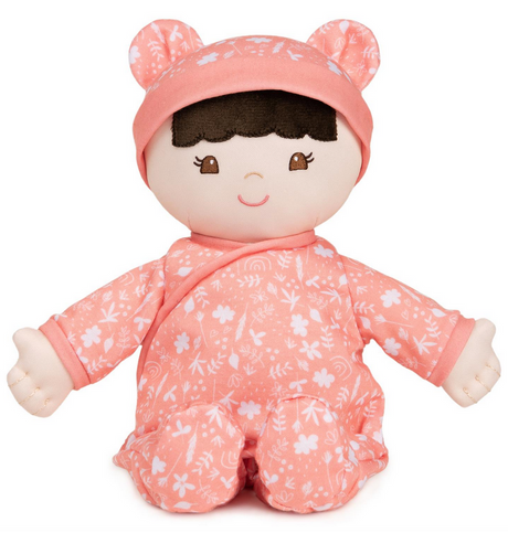 Recycled Baby Doll | Hibiscus wearing floral-patterned pink onesie with hat and embroidered facial features.