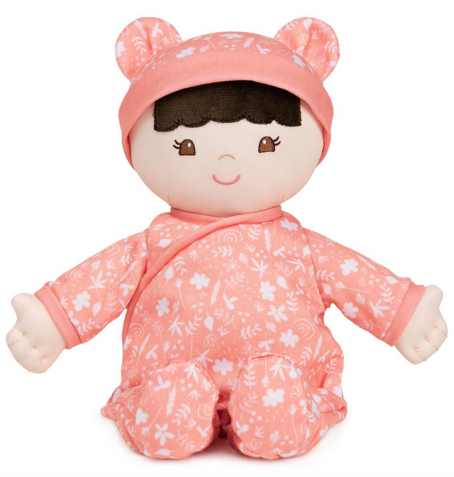 Recycled Baby Doll | Hibiscus wearing floral-patterned pink onesie with hat and embroidered facial features.
