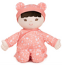 Recycled Baby Doll | Hibiscus wearing floral-patterned pink onesie with hat and embroidered facial features.