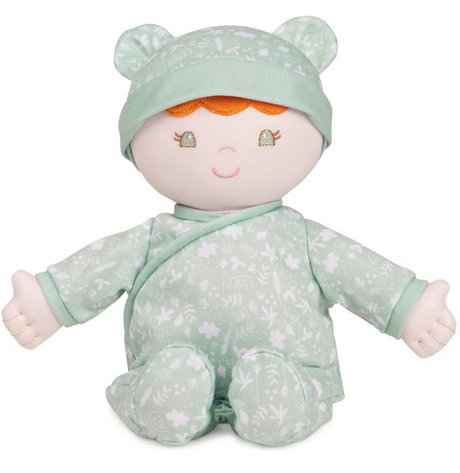 Recycled Baby Doll | Daphnie in pastel green floral onesie with bear ears hat, soft and eco-friendly plush for all ages.