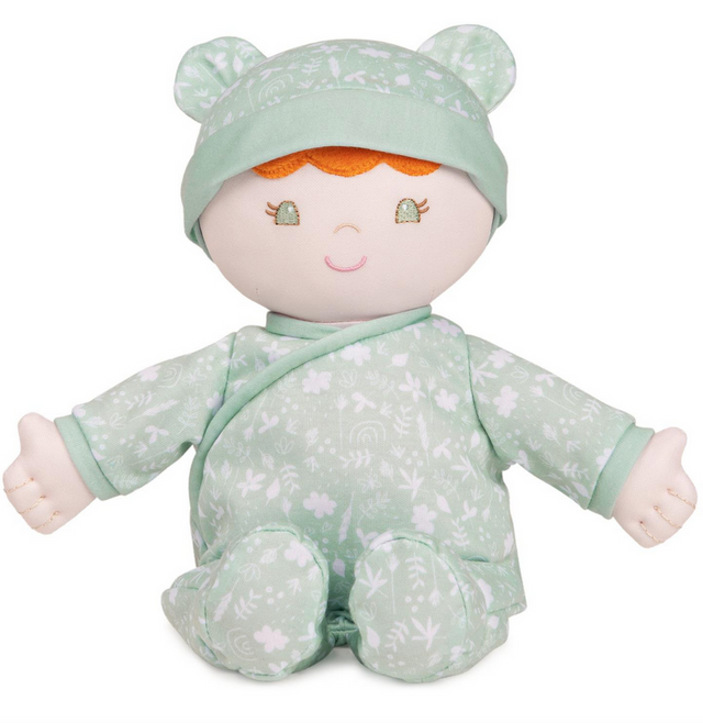 Recycled Baby Doll | Daphnie in pastel green floral onesie with bear ears hat, soft and eco-friendly plush for all ages.