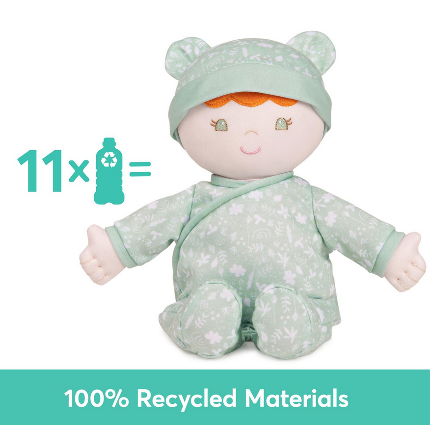 Recycled Baby Doll | Daphnie wearing floral onesie and hat, made from 100% recycled materials for sustainable play.