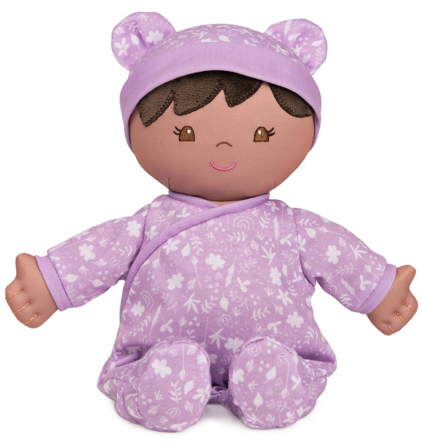 Recycled Baby Doll | Leilani in floral purple onesie with embroidered face, sustainably soft and made from 100% recycled materials.