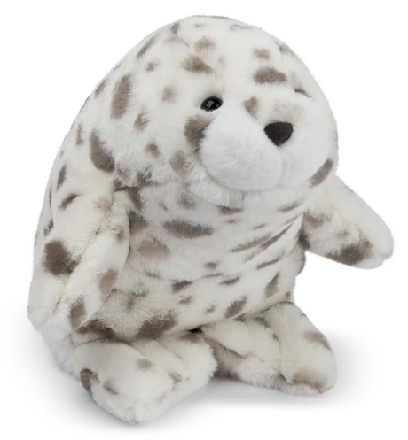 Snuffles Leopard Seal Nuri plush toy with soft white and gray spots and a sweet smiling face.