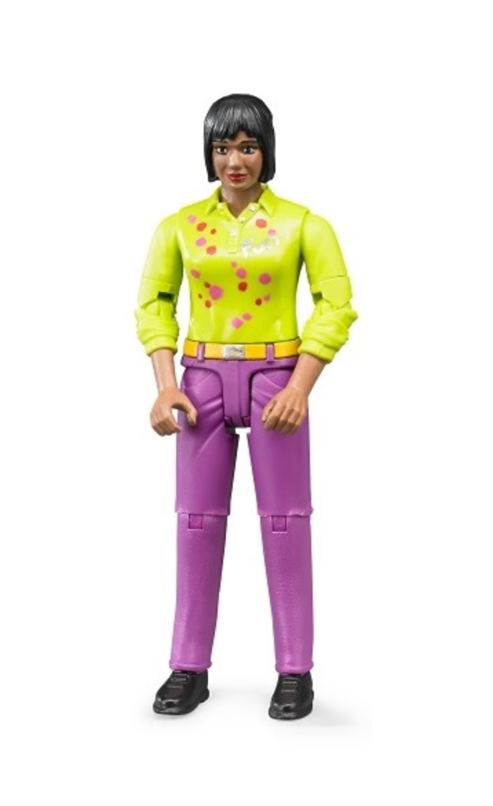 Woman with Purple Pants figure with movable limbs, detailed clothing, and grasping hands for realistic play.