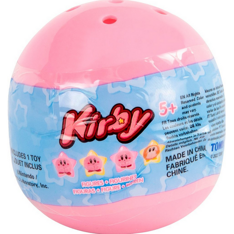 Kirby Plush Cutie surprise capsule toy in pink with Kirby logo featuring collectible plush figures for ages 5 and up.