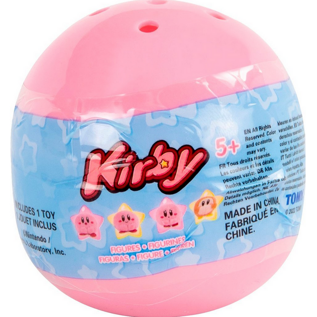 Kirby Plush Cutie surprise capsule toy in pink with Kirby logo featuring collectible plush figures for ages 5 and up.