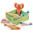 Fish Crate wooden play set with lobster, fish, prawn, scallop, and gingham fabric basket for imaginative play.