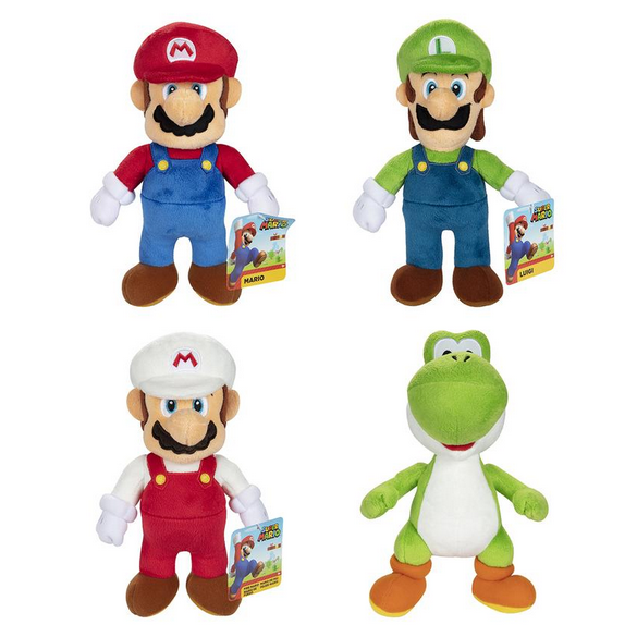 Super Mario Plush featuring Mario, Luigi, Fire Mario, and Yoshi characters, perfect for Nintendo fans and collectors.