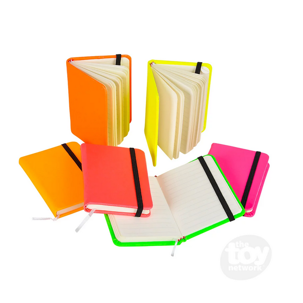 Set of vibrant neon pocket notebooks measuring 3 by 4 inches with elastic bands, perfect for notes on the go.