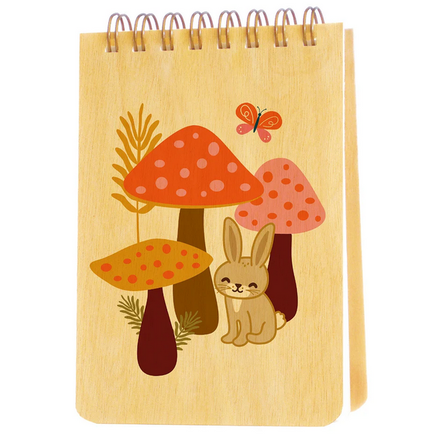 Mini Wood Notebook | Rabbit Mushrooms with eco-friendly birch cover featuring a cute rabbit and mushroom design, spiral bound jotter pad.