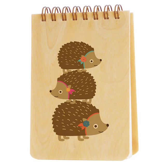 Mini Wood Notebook | Stacked Hedgehogs with eco-friendly birch cover and 150 unlined biodegradable pages