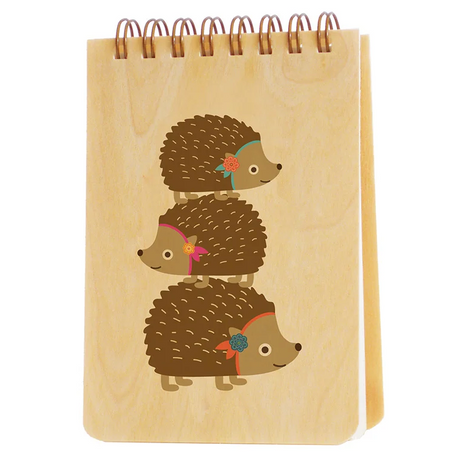 Mini Wood Notebook | Stacked Hedgehogs with eco-friendly birch cover and 150 unlined biodegradable pages