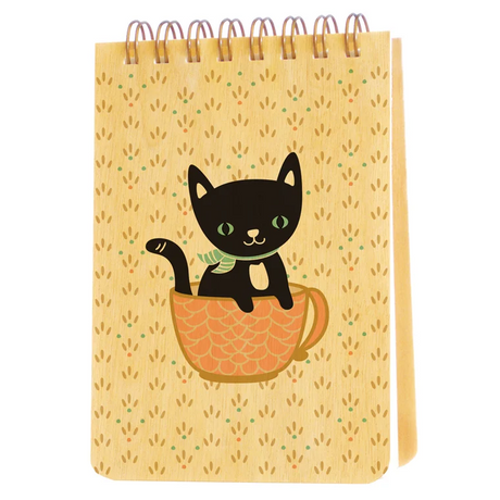 Mini Wood Notebook | Cuppa Kitty with spiral binding and a black cat in a teacup on eco-friendly birch cover.
