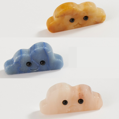 Crystal Cloud Friend polished crystals in yellow jade, amazonite, and pink aventurine with black obsidian eyes and a smile.