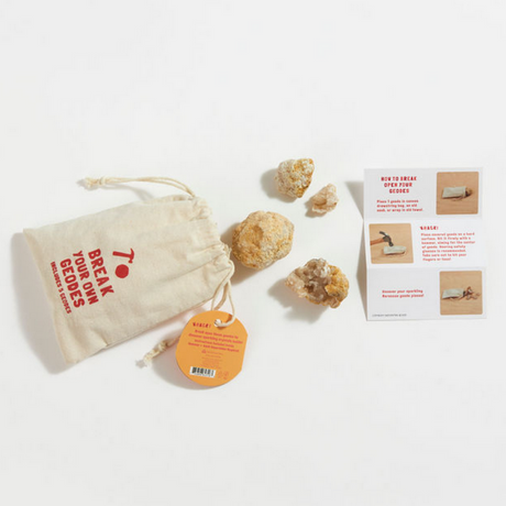 Break Your Own Geodes Bag with tools, geodes, and instructions for kids ages 8 and up to explore geology.