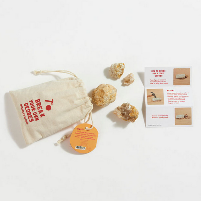 Break Your Own Geodes Bag with tools, geodes, and instructions for kids ages 8 and up to explore geology.