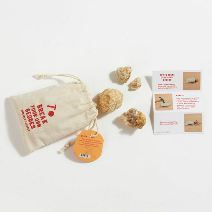 Break Your Own Geodes Bag with tools, geodes, and instructions for kids ages 8 and up to explore geology.