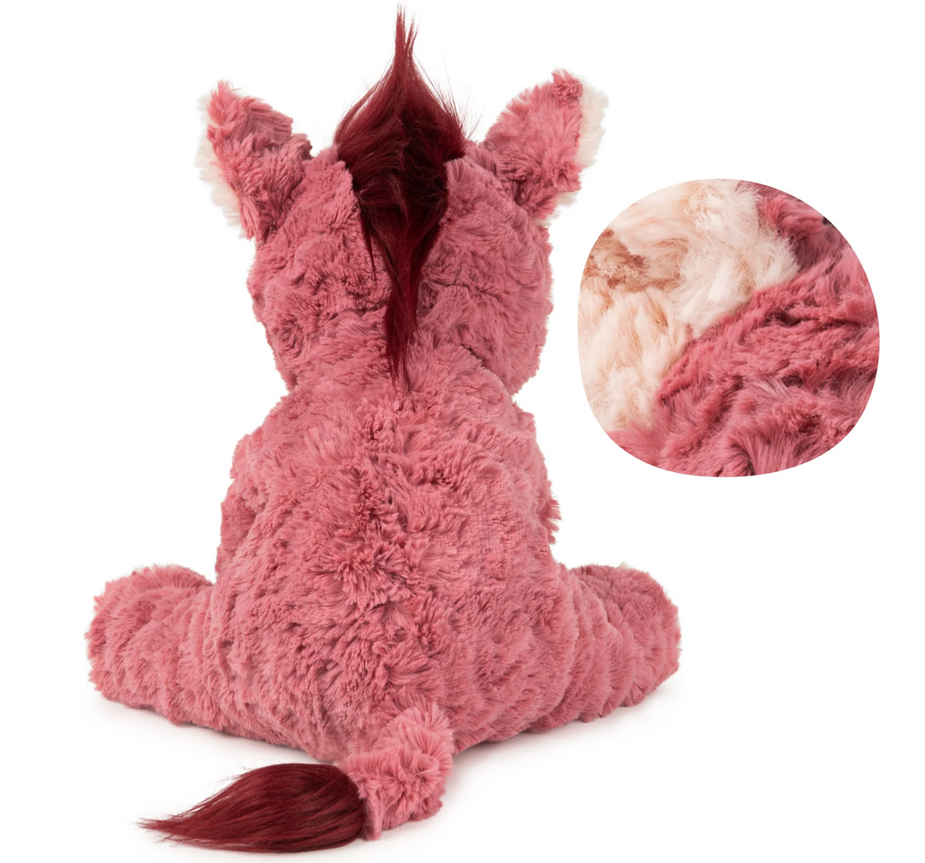 Cozys Horse plush showing textured soft pink fur, silky red mane and tail, designed for cuddling and play.