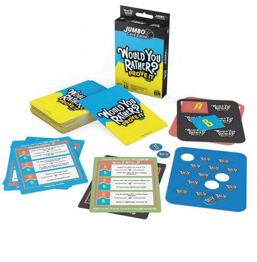 Would You Rather Prove It jumbo card game with colorful question cards and tokens for 2-4 players ages 8 and up.