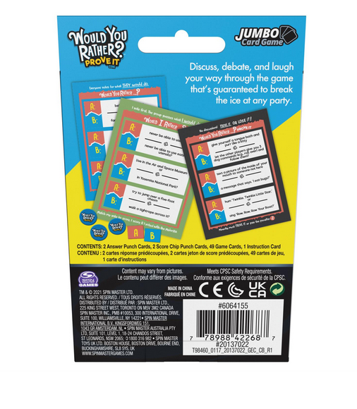 Would You Rather Prove It jumbo card game package showing colorful question cards for fun party and family debates.