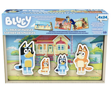 Bluey Wooden Puzzles featuring 4 unique scenes with interchangeable Bluey and friends characters.