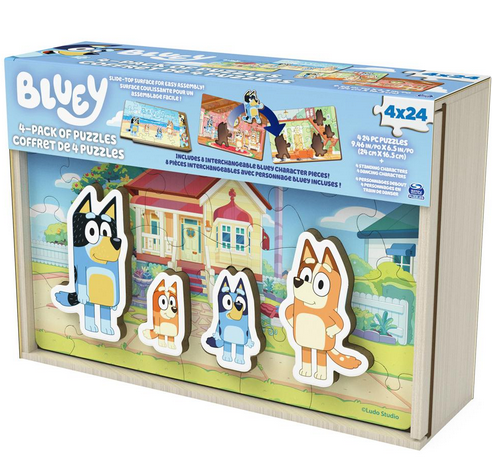 Bluey Wooden Puzzles 4-pack with 24-piece jigsaw puzzles and interchangeable standing character pieces for imaginative play.