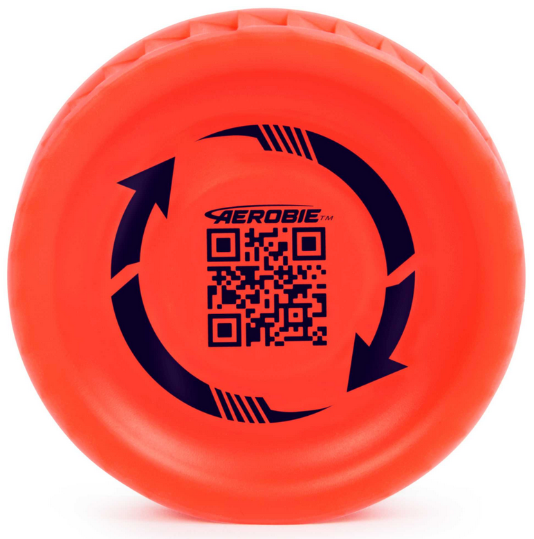 Red Aerobie Pro Lite miniature throw disc with black arrows and QR code design for outdoor flying fun.