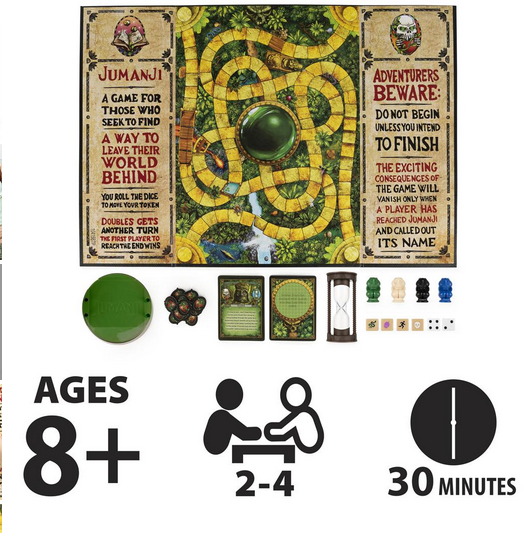 Jumanji board game set with jungle-themed board, dice, cards, hourglass, and game pieces for ages 8+ players 2-4.
