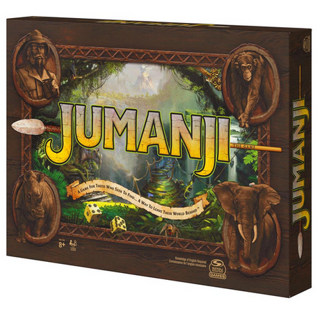 Jumanji board game box featuring jungle animals and a dense forest path for 2 to 4 players ages 8 and up.