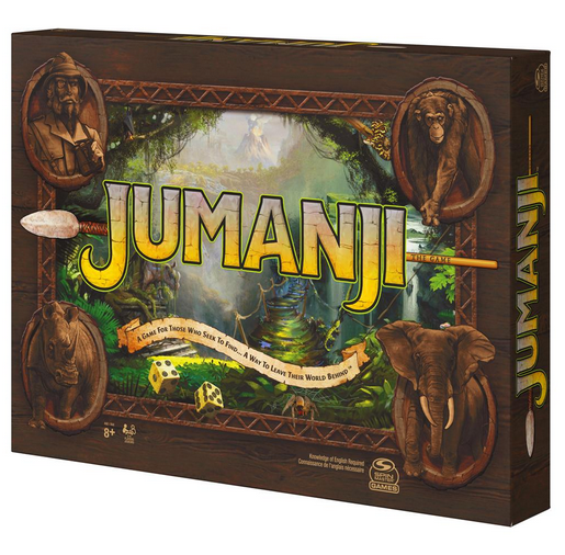 Jumanji board game box featuring jungle animals and a dense forest path for 2 to 4 players ages 8 and up.