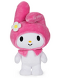Hello Kitty My Melody plush with pink hood, white flower, and embroidered smile, standing 9.5 inches tall.