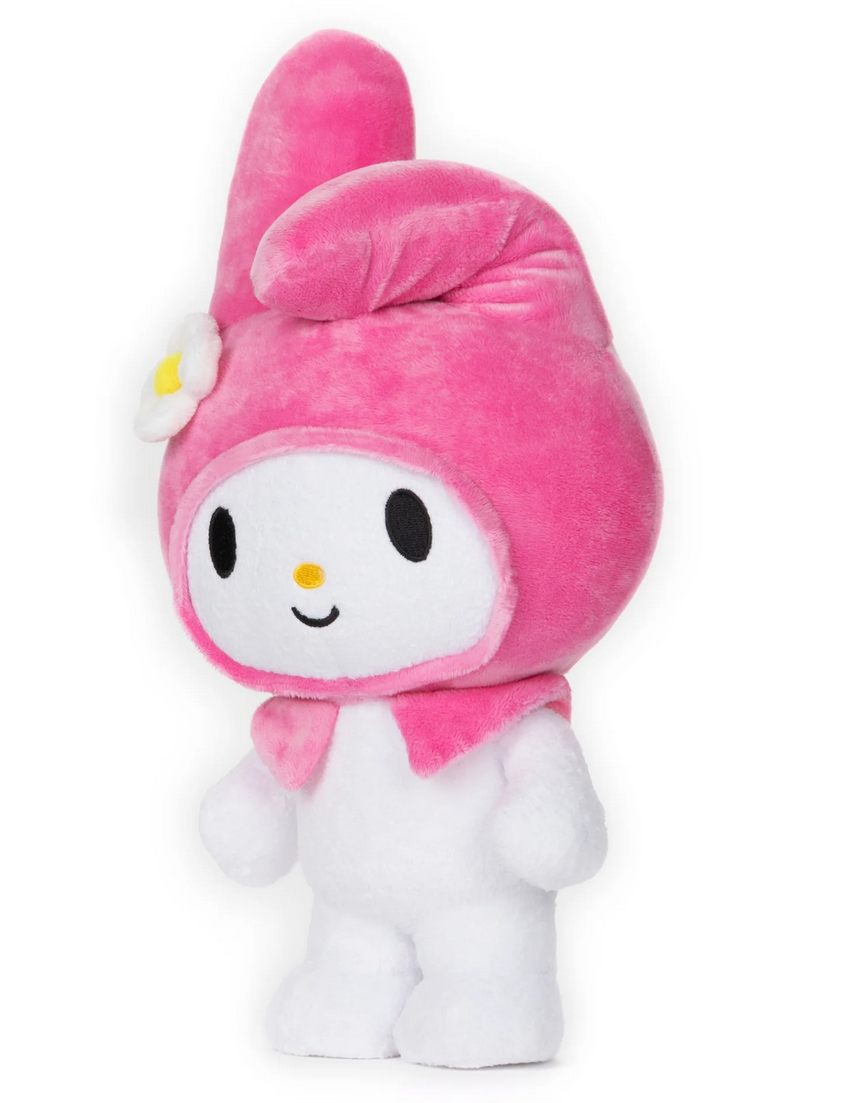 Hello Kitty My Melody 9.5" plush with pink hood, white flower, floppy ears, and embroidered smile standing upright.