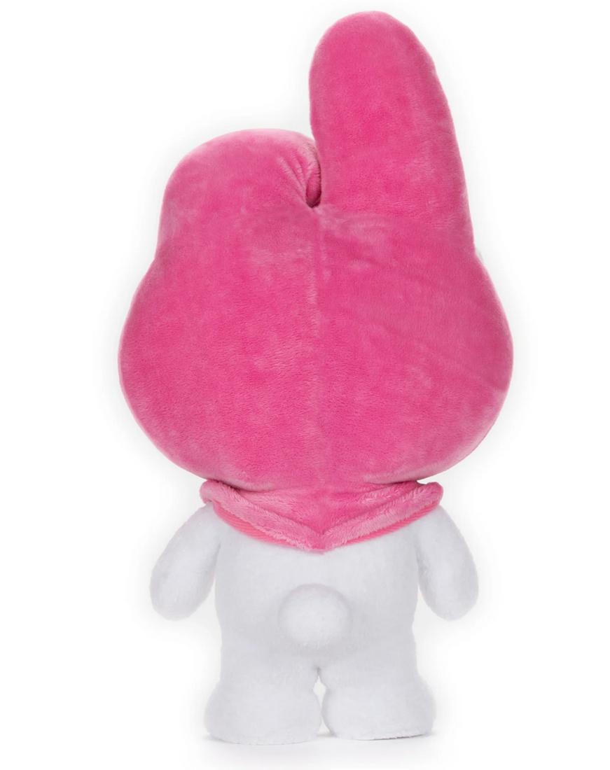 Hello Kitty My Melody plush showing the back with pink hood, white flower, and soft white body.