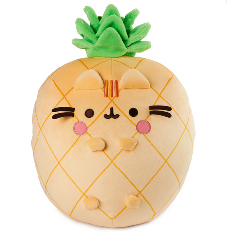 Pusheen Pineapple plush, an 11” soft, pineapple-shaped cat with green leaves and rosy cheeks, perfect for hugging and squeezing.